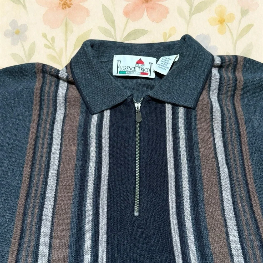 Vintage Florence Tricot Quarter Zip Sweater XL Italian Knit Striped Pullover - Picture 3 of 6